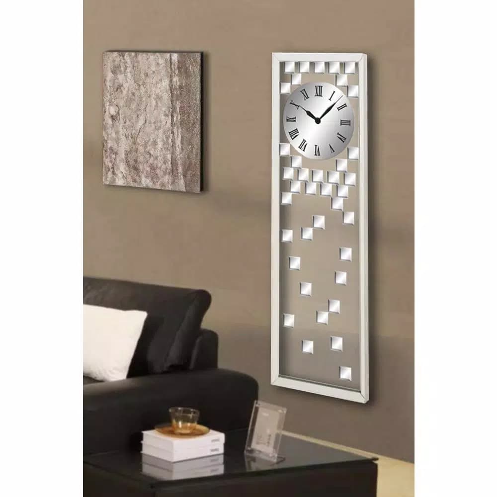 LITTON LANE Contemporary 42 in. Mirrored Wall Clock with Bevelled Tiles and Stainless Steel Frame