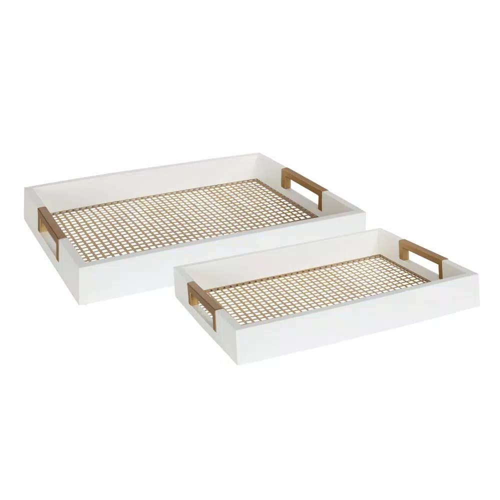 Kate and Laurel Hanneli White and Gold Decorative Tray Set of 2, Wood and Perforated Metal