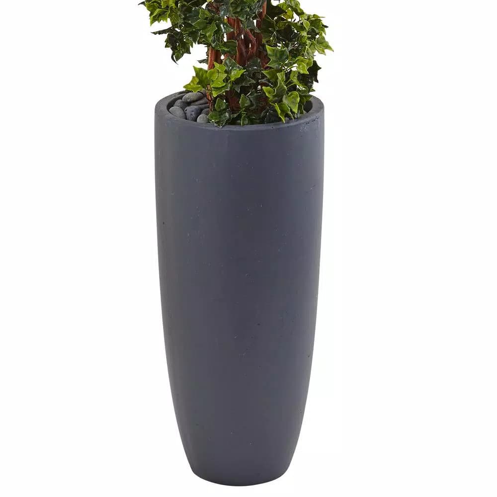 Nearly Natural 5 ft. Artificial English Ivy Spiral Topiary Tree in Gray Cylinder Planter, UV Resistant