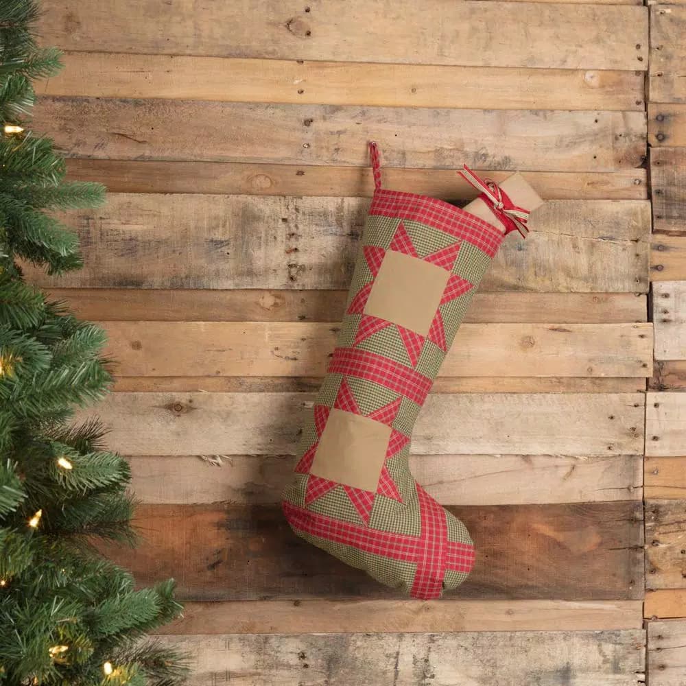 VHC Brands 20 in. Primitive Cotton Patchwork Christmas Stocking - Green Dolly Star Decor