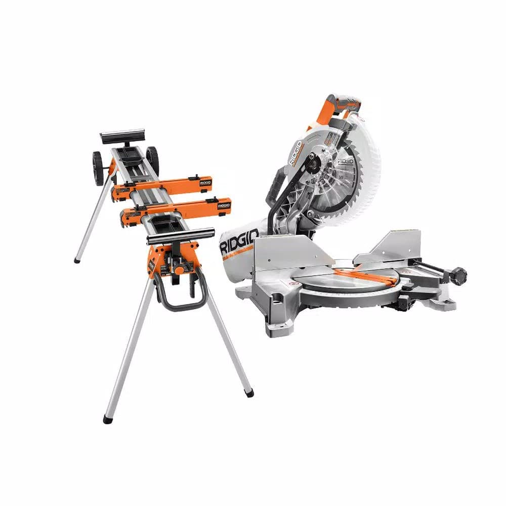 RIDGID 10 in. 15 Amp Dual Miter Saw with LED Cut Line and Professional Compact Miter Saw Stand Combo