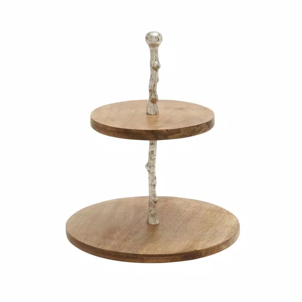 LITTON LANE 2-Tiered Round Mango Wood and Aluminum Tray Stand, Oak Finish