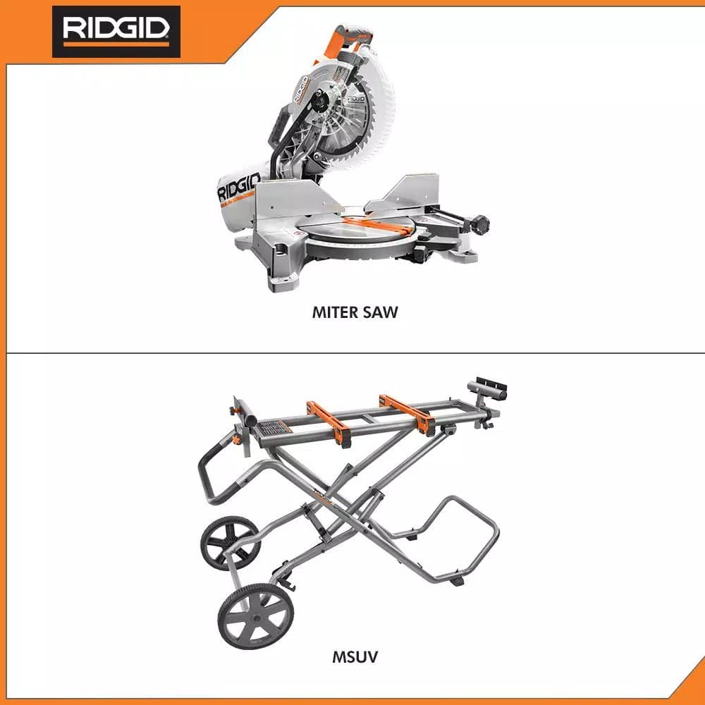 RIDGID 10 in. 15 Amp Dual Bevel Miter Saw with LED Cut Line & Universal Mobile Stand Combo