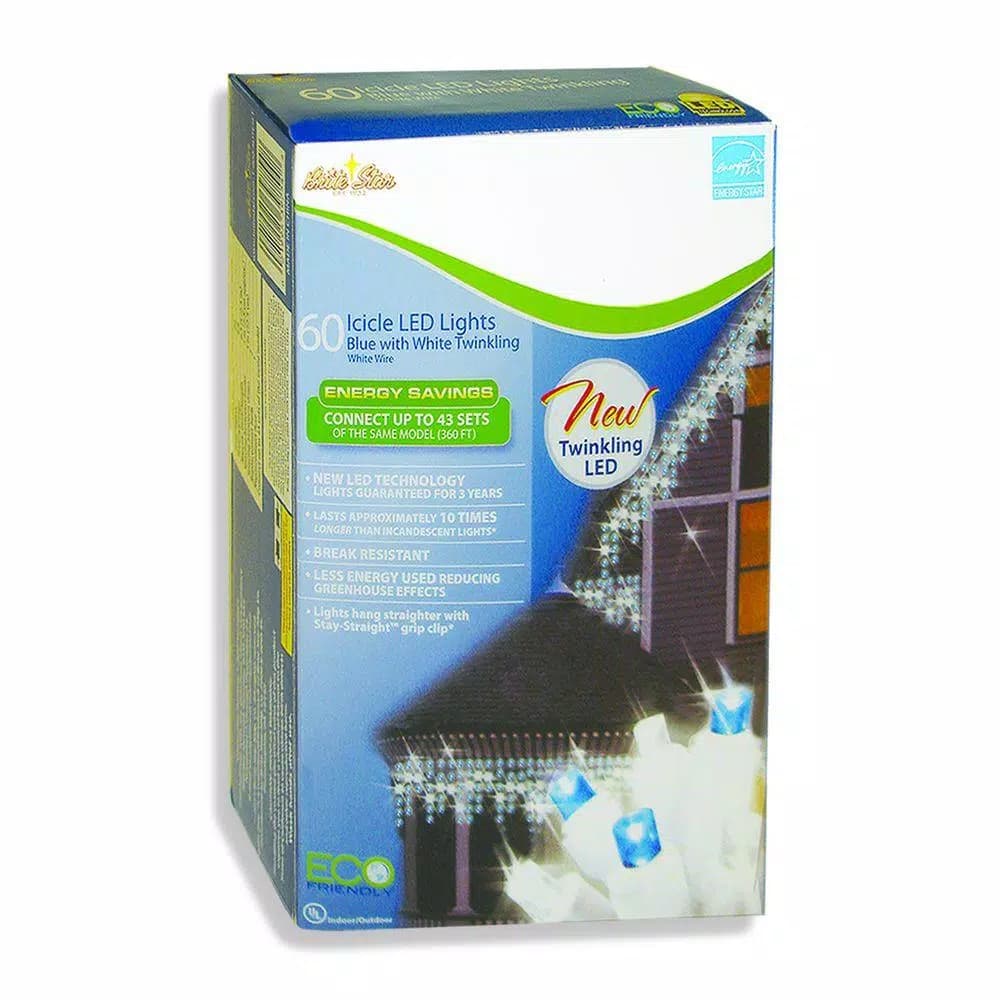 Brite Star 60-Light LED Blue and Pure White Twinkling Icicle Lights, White Wire