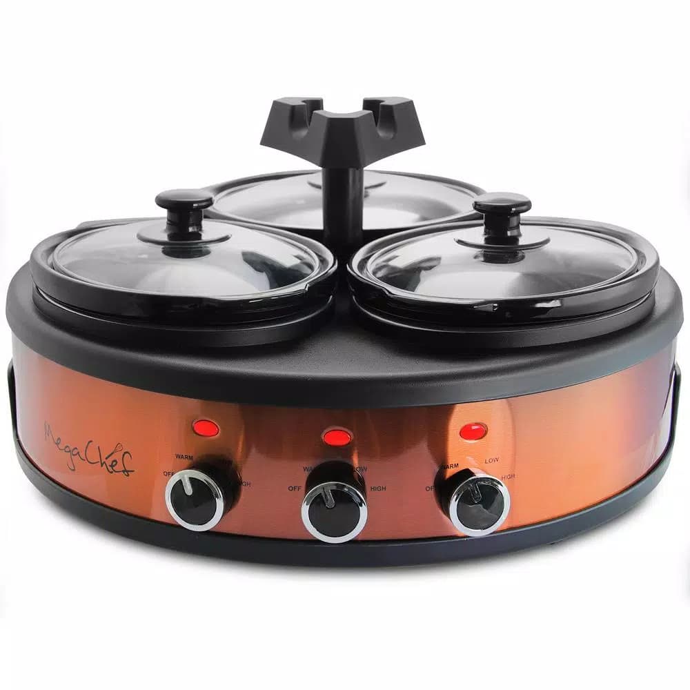 MegaChef Triple 4.5 Qt. Copper Slow Cooker and Buffet Server with 3 Ceramic Pots