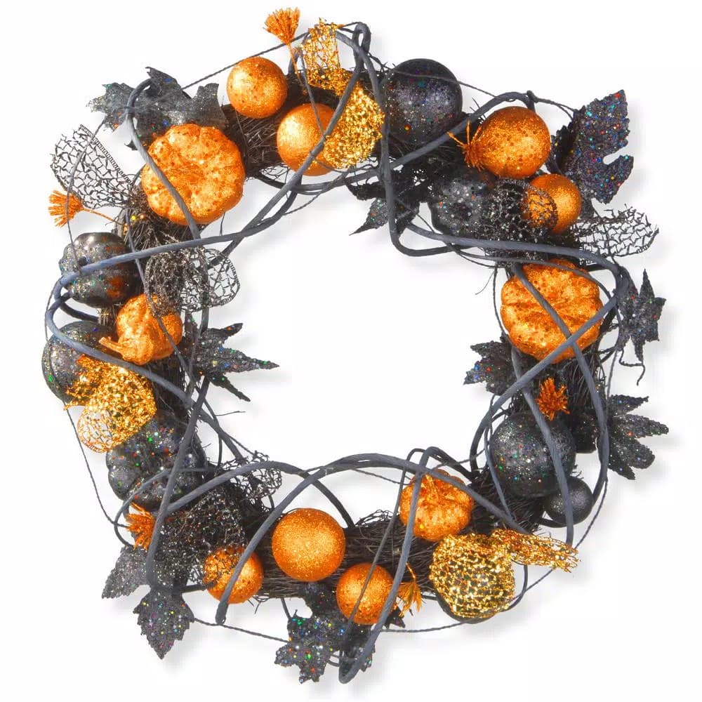 National Tree Company 20 in. Halloween Pumpkin Wreath with Glittered Gourds and Spider Ribbon