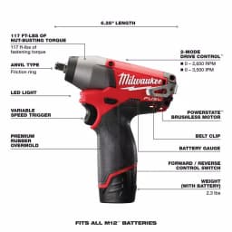 Milwaukee M12 FUEL 3/8 in. Brushless Cordless Impact Wrench Kit with Two 2.0 Ah Batteries and Charger thumbnail 3