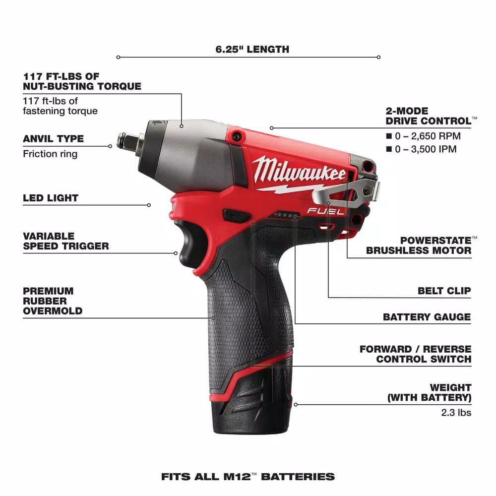 Milwaukee M12 FUEL 3/8 in. Brushless Cordless Impact Wrench Kit with Two 2.0 Ah Batteries and Charger