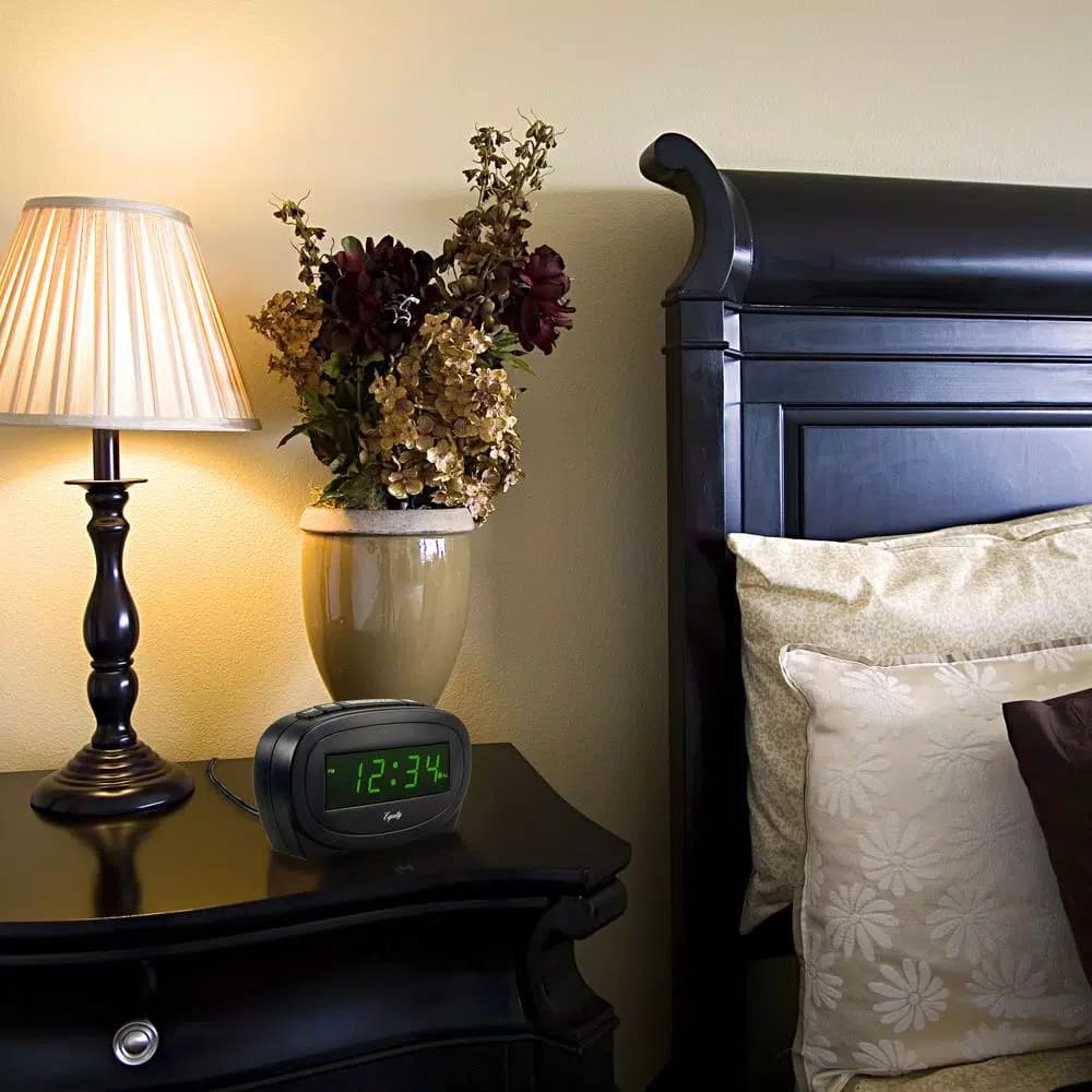 Equity by La Crosse Digital 0.60 in. Green LED Electric Alarm Table Clock with Snooze - Black