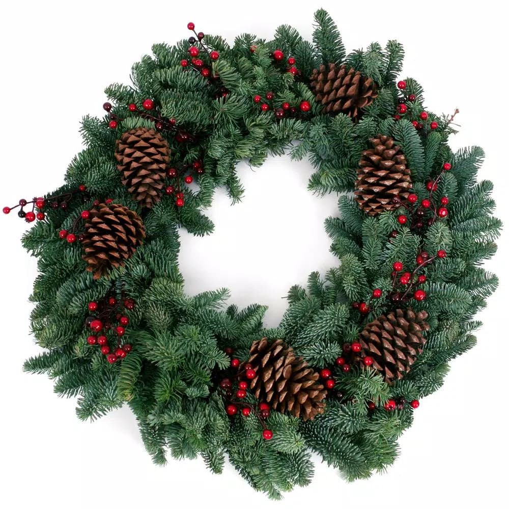 VAN ZYVERDEN 24 in. Live Fresh Cut Pacific Northwest Noble Fir Christmas Wreath with Berries and Pinecones