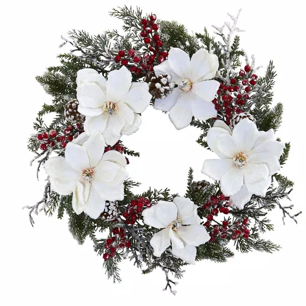 Nearly Natural 22 in. Snowed Magnolia and Berry Wreath with Frosted Green Pine