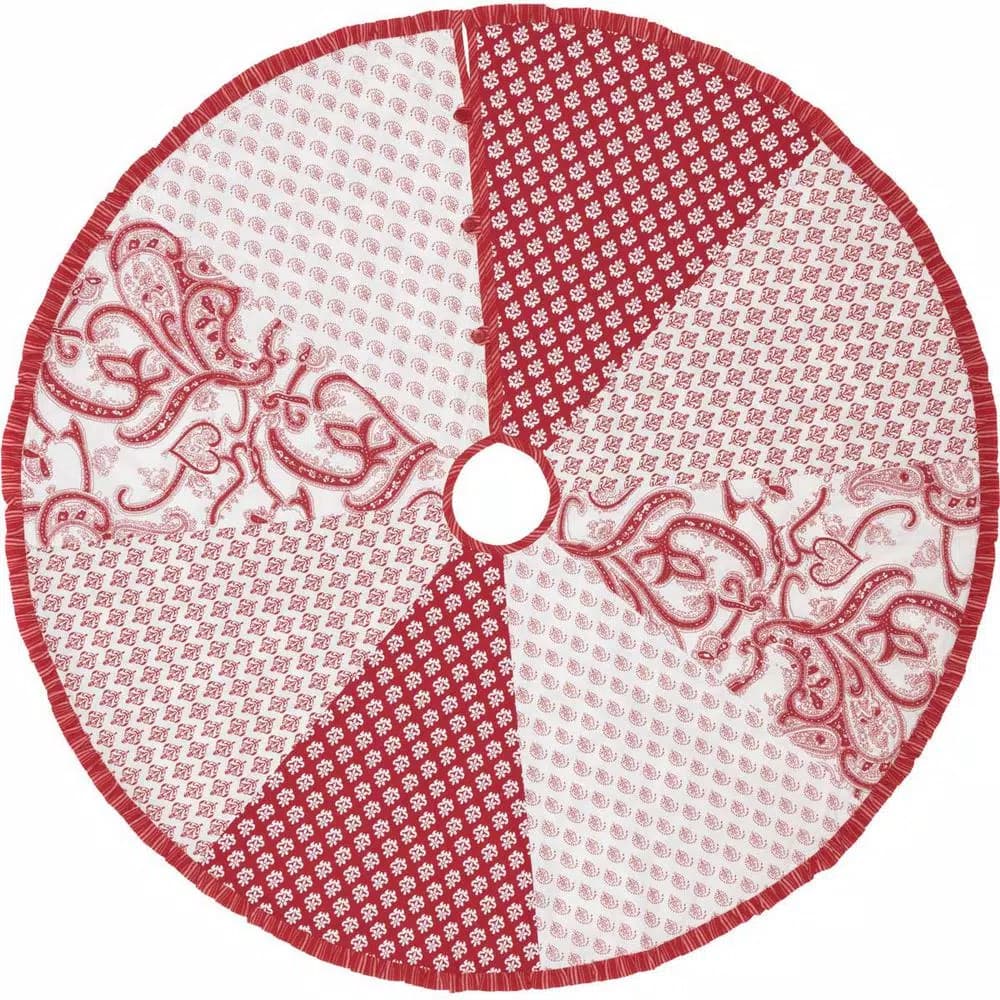 VHC Brands 50 in. Natalia Cherry Red Farmhouse Christmas Tree Skirt with Floral and Paisley Patterns