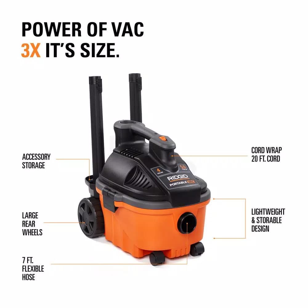 RIDGID 4 Gal. 5.0 Peak HP Portable Wet/Dry Shop Vacuum with 7 ft. Hose and Accessories