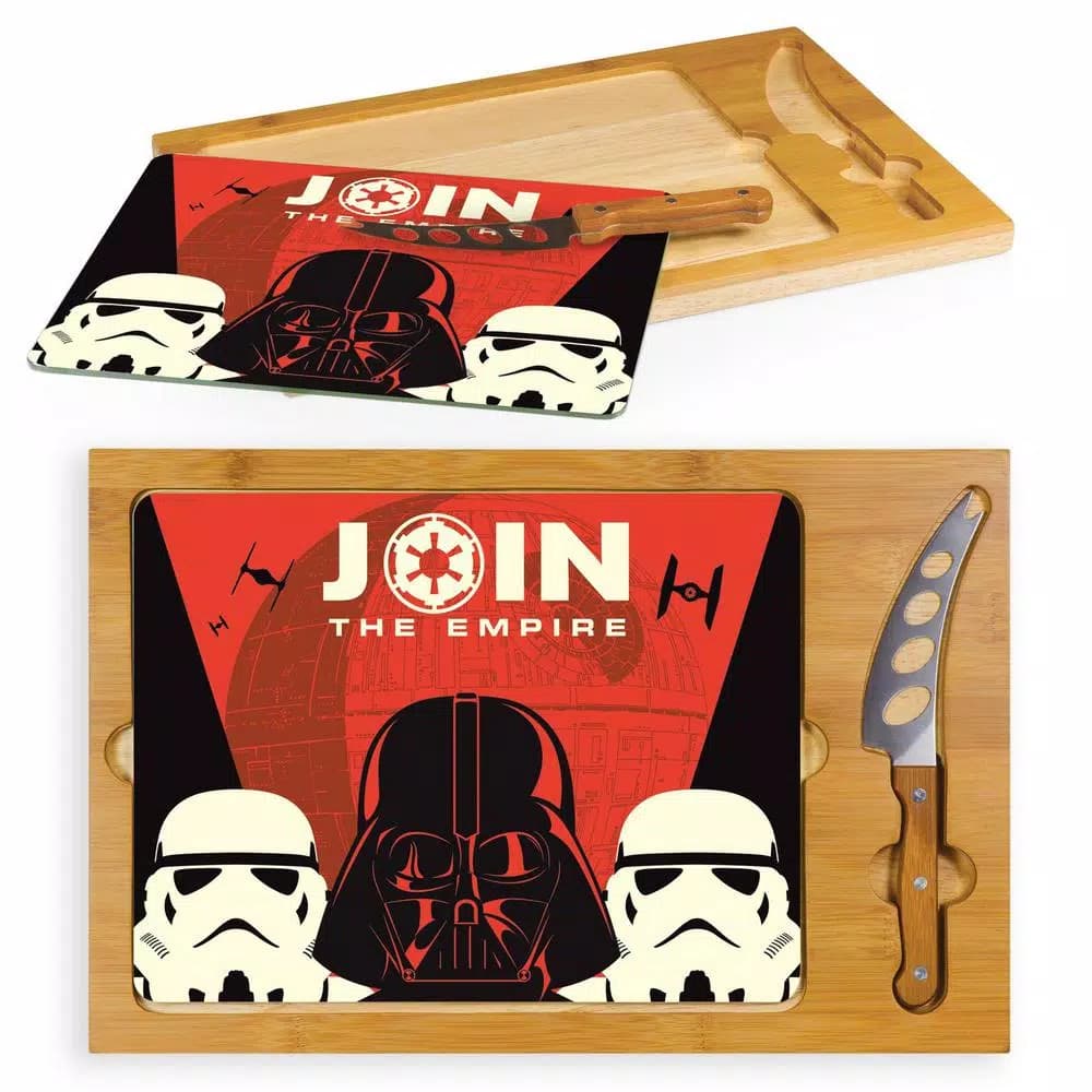 TOSCANA Empire Icon 15.4 in. Rubberwood and Bamboo Glass Top Serving Tray and Cheese Knife Set