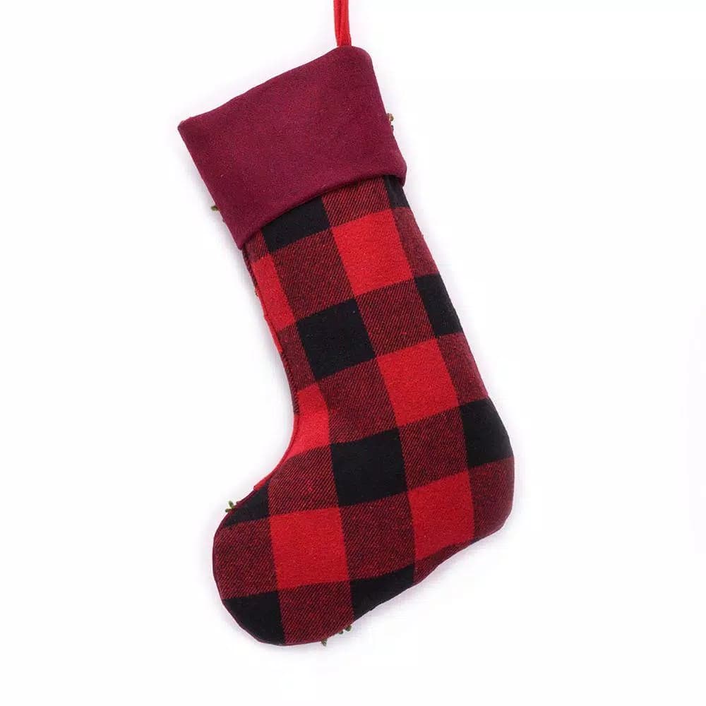 Glitzhome 19 in. Red and Black Plaid Christmas Stocking with Hooked Reindeer