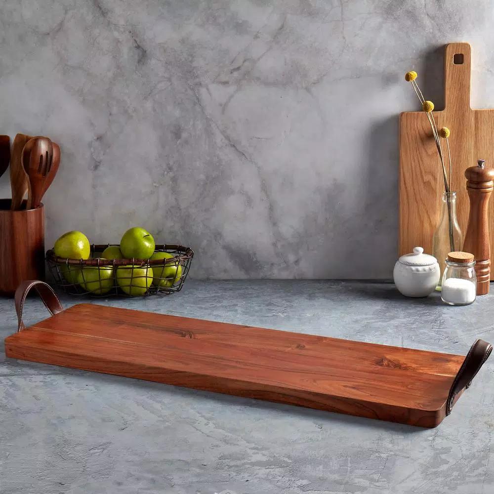 Mason Craft & More 33 in. Acacia Wood Serving Tray with Faux Leather Handles