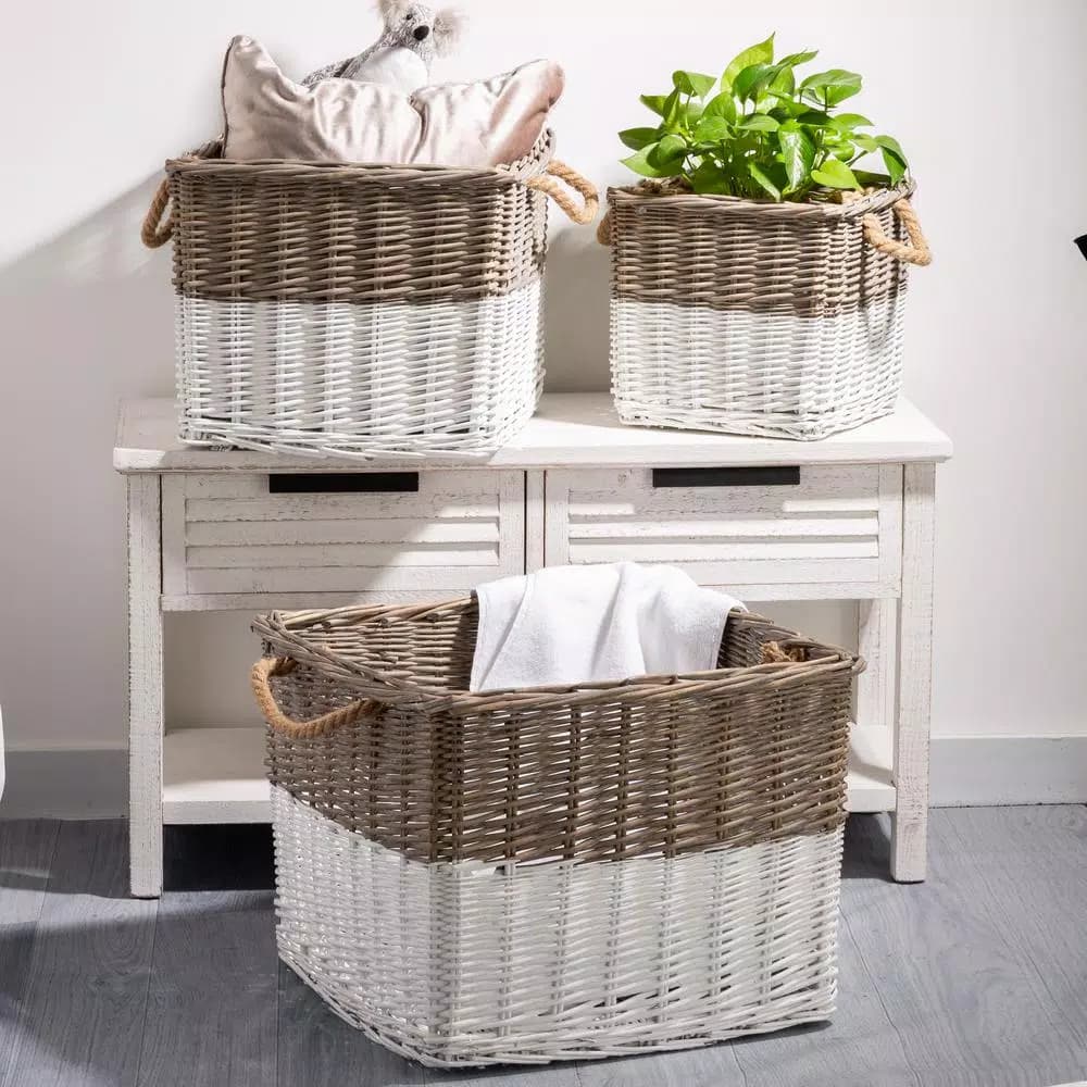 Glitzhome Natural White Square Wicker Willow Baskets, Set of 3 with Rope Handles