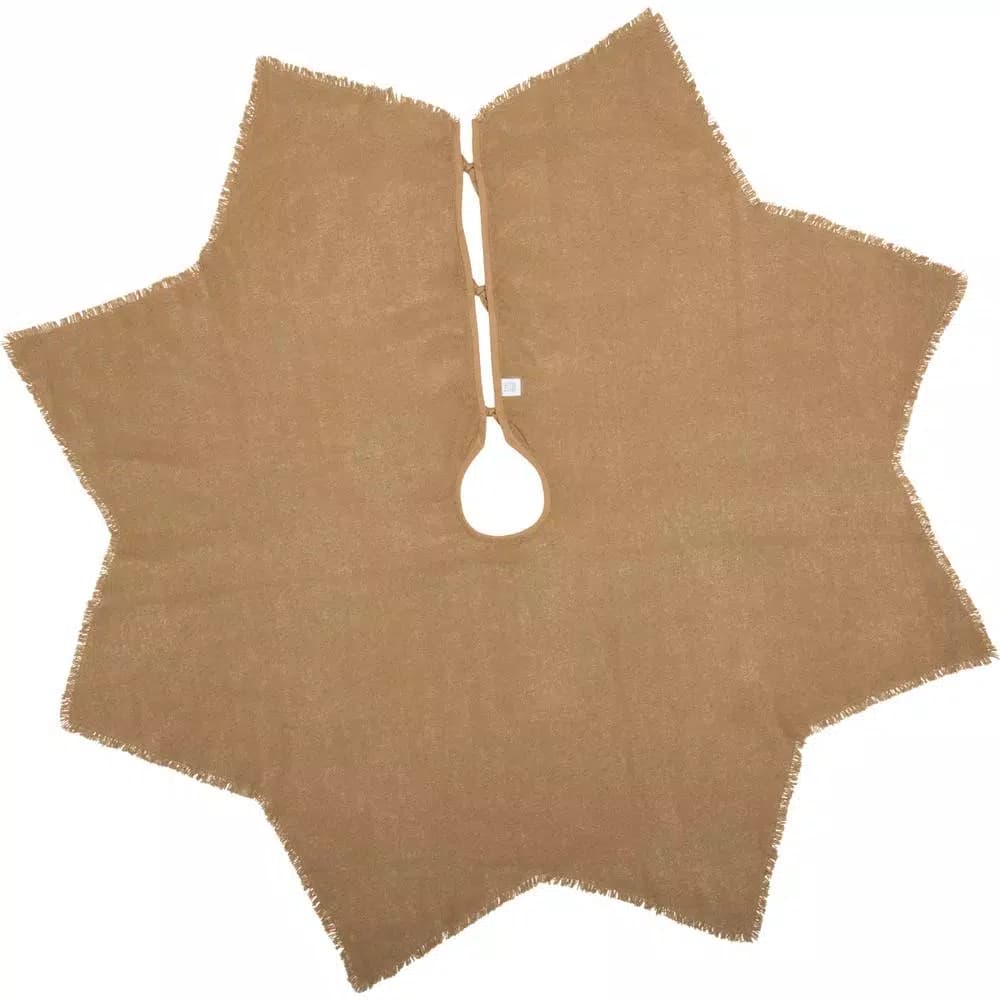 VHC Brands 48 in. Burlap Natural Tan Farmhouse Christmas Tree Skirt with 8-Point Star Design