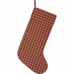 VHC Brands 20 in. Burgundy and Tan Check Cotton Christmas Stocking - Primitive Holiday Decor thumbnail 1