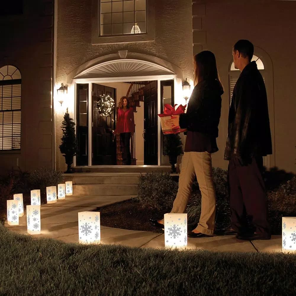 LUMABASE Snowflake Electric Luminaria Kit - Set of 10 Weather Resistant Outdoor Lanterns with Warm White Lights