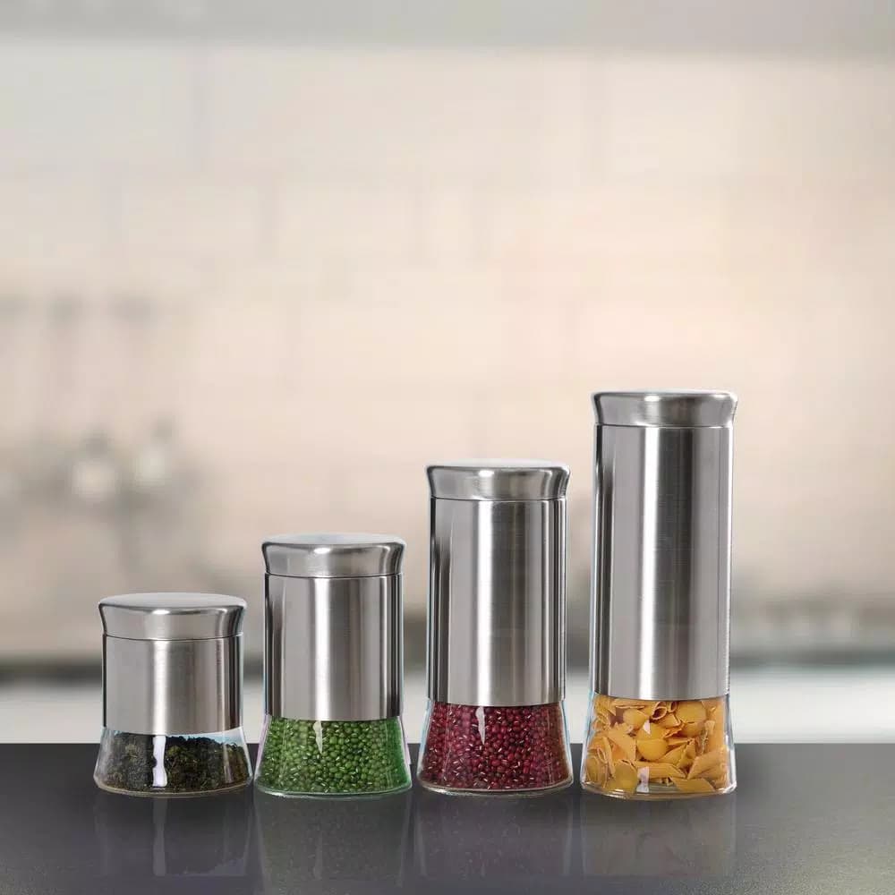 Home Basics Essence 4-Piece Stainless Steel Canister Set with Glass Base