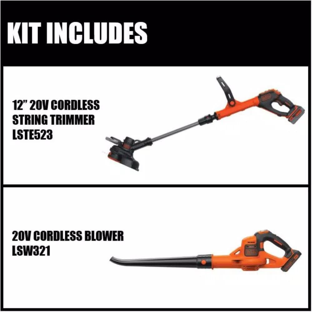 BLACK+DECKER 20V MAX Cordless String Trimmer & Edger Kit with (2) Batteries, Charger, and Bonus Leaf Sweeper