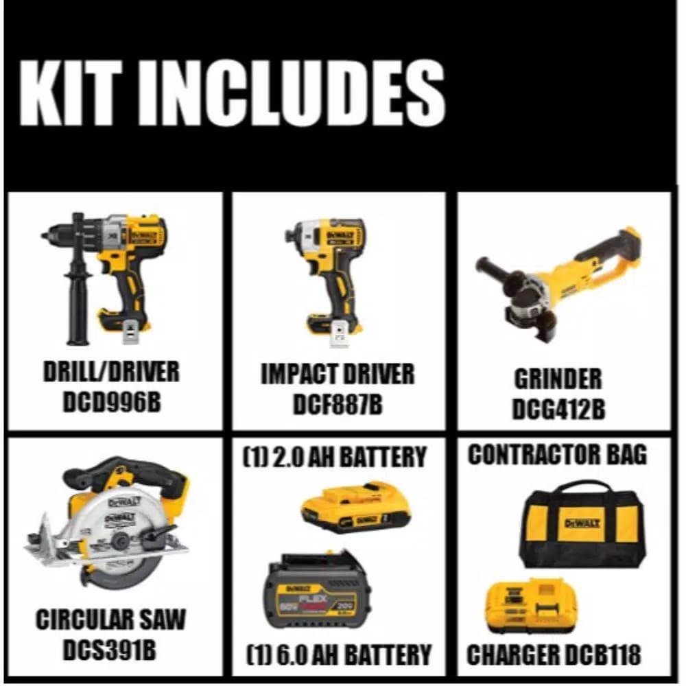 DEWALT 20V MAX XR Brushless 4-Tool Combo Kit with FLEXVOLT 6.0Ah & 2.0Ah Batteries