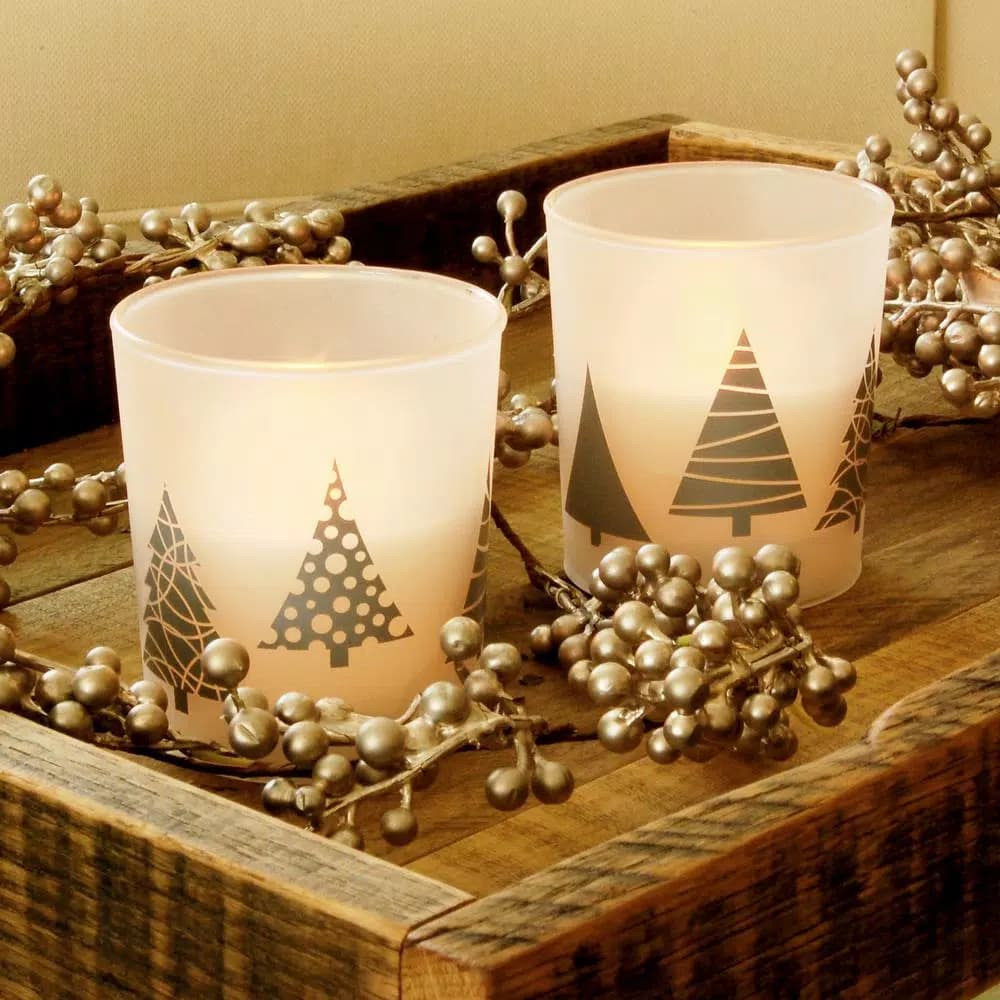 LUMABASE Christmas Trees Silver LED Battery Operated Glass Candles, Set of 2