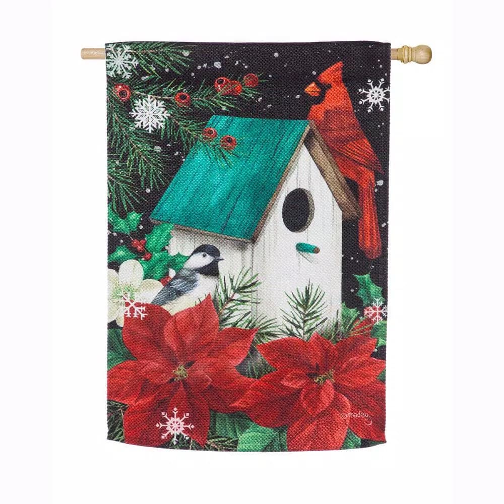 Evergreen 28 in. x 44 in. Poinsettia Birdhouse Textured Suede Christmas Flag