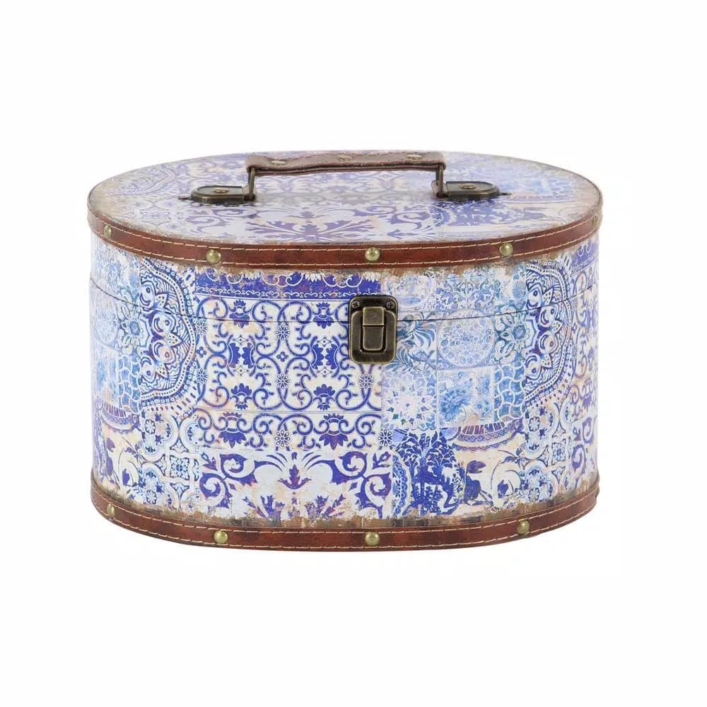 LITTON LANE Vintage Oval Wood and Faux Leather Case-Style Storage Boxes with Lids (Set of 2)