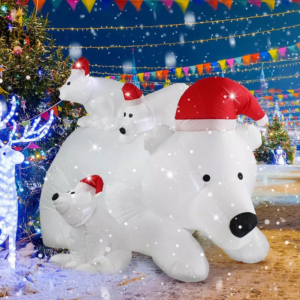 JOYDECOR 6 ft. Polar Bear Family Christmas Inflatable with LED Lights and Red Santa Hats