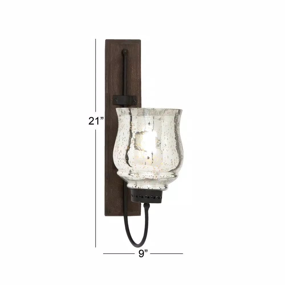 LITTON LANE 21 in. New Traditional Silver Flared Top Hurricane Candle Sconce with Walnut Frame