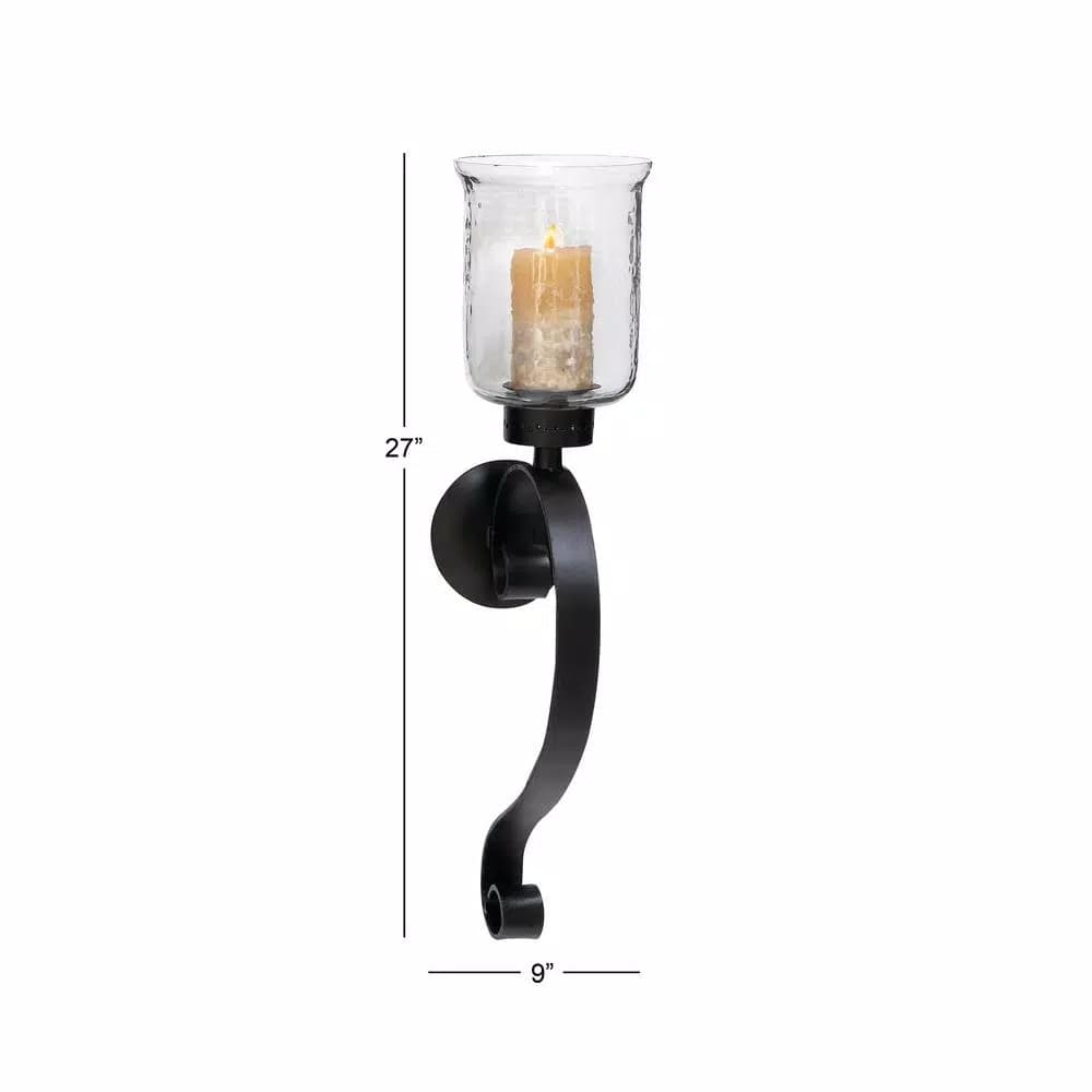 LITTON LANE 27 in. Wrought Iron Candle Sconce with Clear Glass Hurricane Holder, Black
