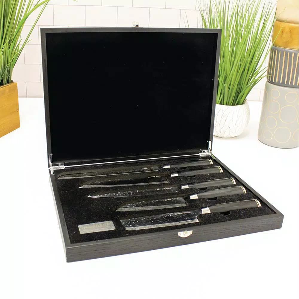 BergHOFF Martello 5-Piece German Steel Knife Set with Wooden Case - Textured Blades