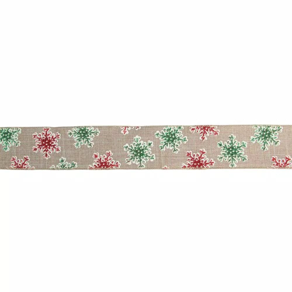 Northlight 2.5 in. x 16 yds. Red and Green Glitter Snowflake Burlap Wired Craft Ribbon