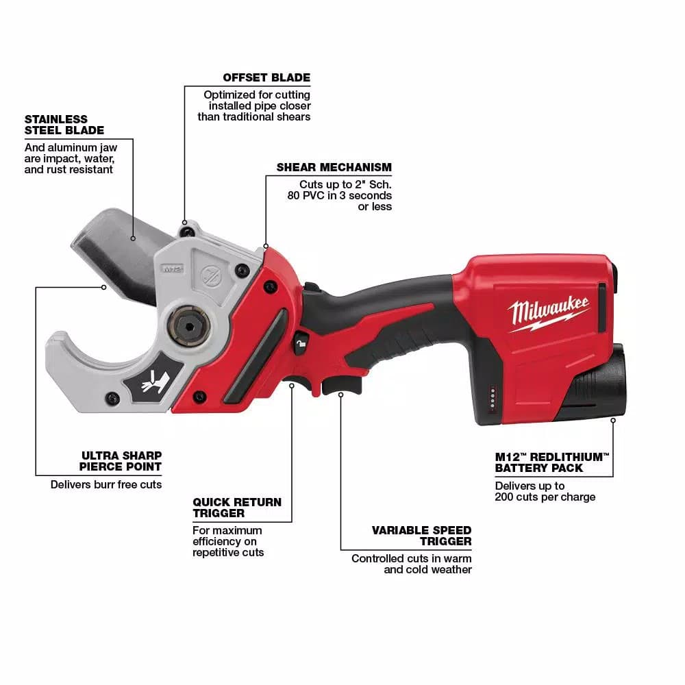 Milwaukee M12 Cordless PVC Pipe Shear, 12V Lithium-Ion (Tool-Only)