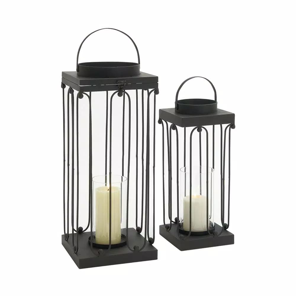LITTON LANE Black Tin and Clear Glass Lantern Candle Holder Set of 2 - Industrial Mission Style