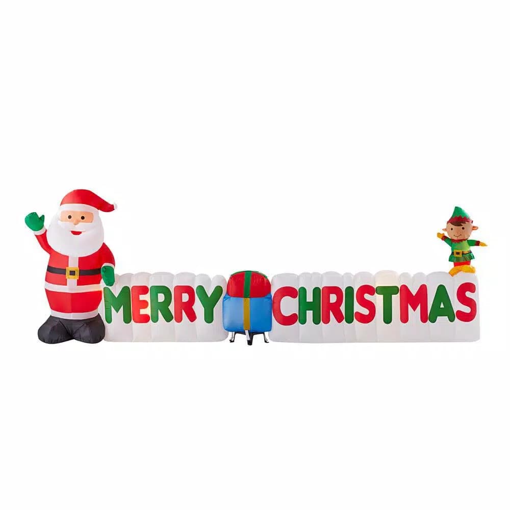 Home Accents Holiday 12 ft Airblown Inflatables Merry Christmas Sign Scene with Santa, Elf, and Presents