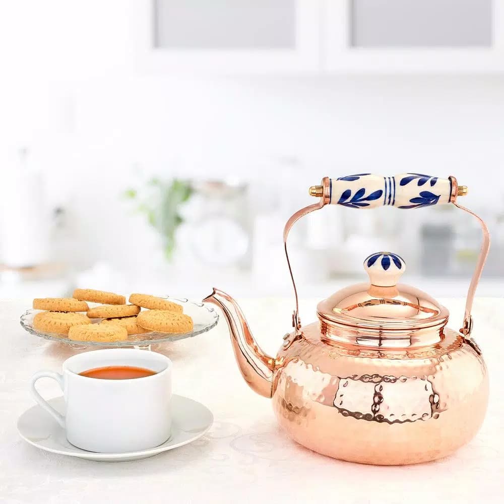 Old Dutch 8-Cup Solid Copper Stovetop Tea Kettle with Hand-Painted Ceramic Handle