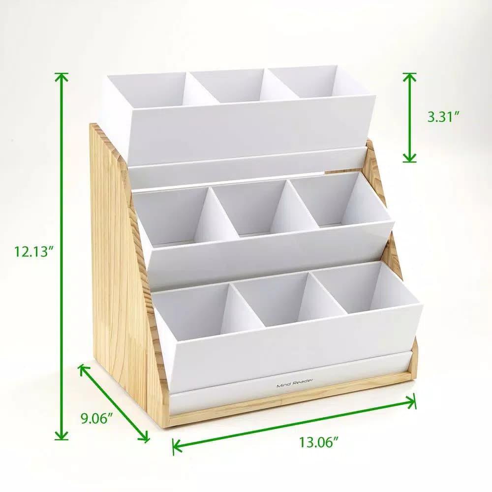 Mind Reader 9-Compartment White Condiment Organizer with Natural Wood Bamboo Base