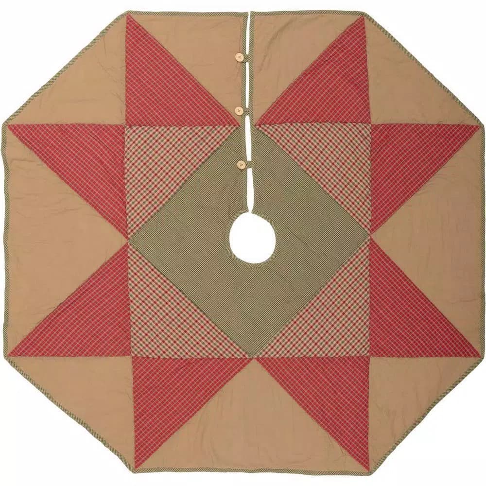 VHC Brands 48 in. Dolly Star Natural Tan Primitive Christmas Tree Skirt - Plaid Patchwork Cotton