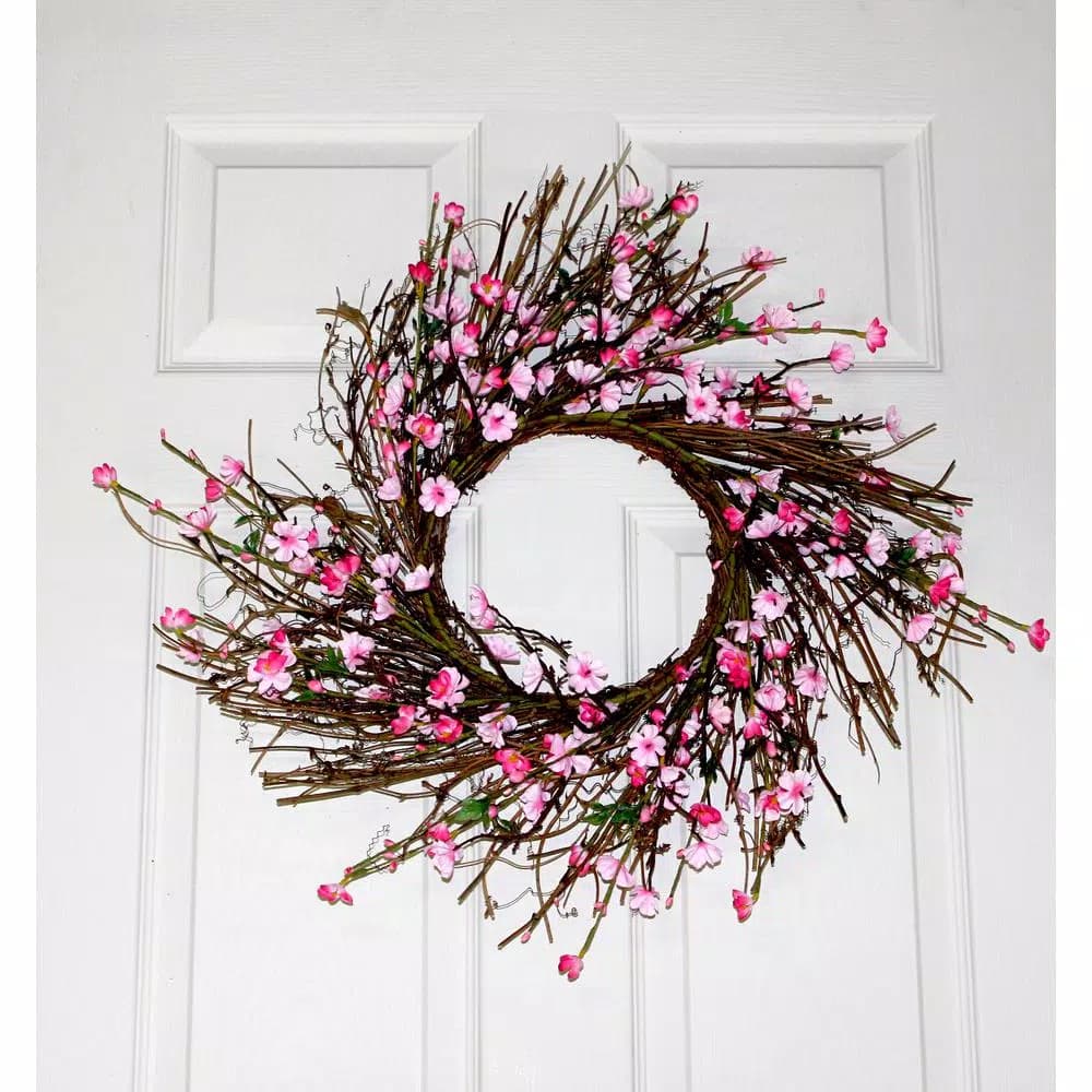 Unbranded 22 in. Pink Cherry Blossom Wreath on Natural Twig Base