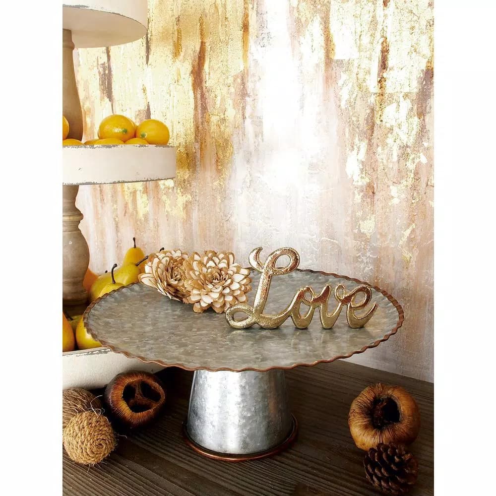 LITTON LANE Set of 3 Round Gray Iron Cake Stands with Copper Scalloped Edges, Farmhouse Style