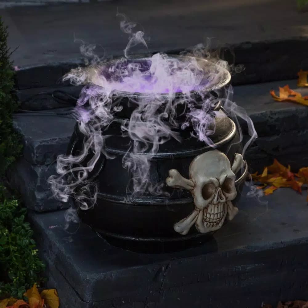 Unbranded 12.8 in. Multi-Color Changing Illuminated Smoking Witch's Cauldron with Skull and Crossbones
