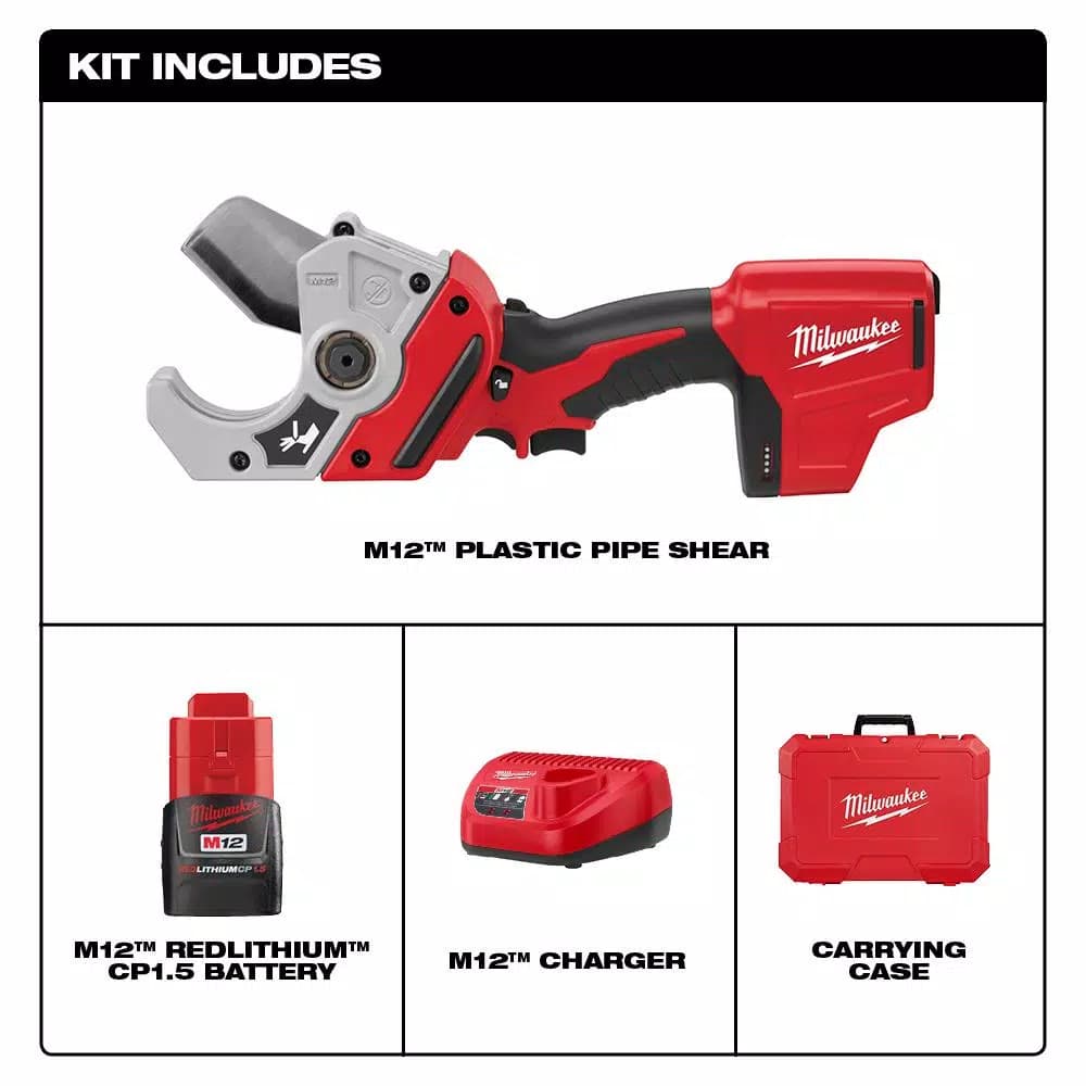 Milwaukee M12 12V Lithium-Ion Cordless PVC Shear Kit with 1.5 Ah Battery, Charger and Hard Case