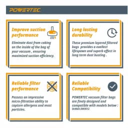 POWERTEC Fleece Filter Bags for DeWalt DWV012 Dust Extractors, HEPA Style, 5-Pack thumbnail 3