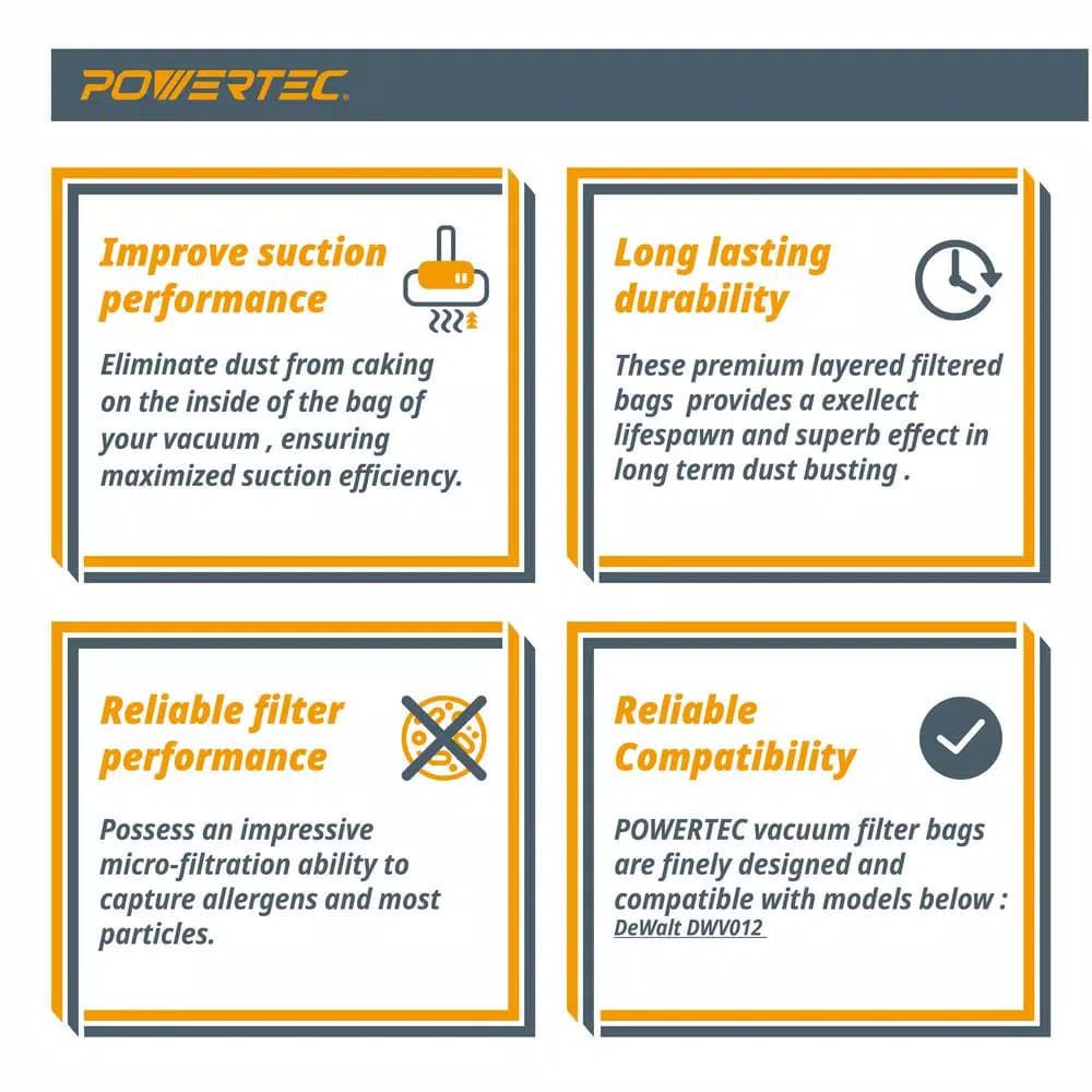 POWERTEC Fleece Filter Bags for DeWalt DWV012 Dust Extractors, HEPA Style, 5-Pack