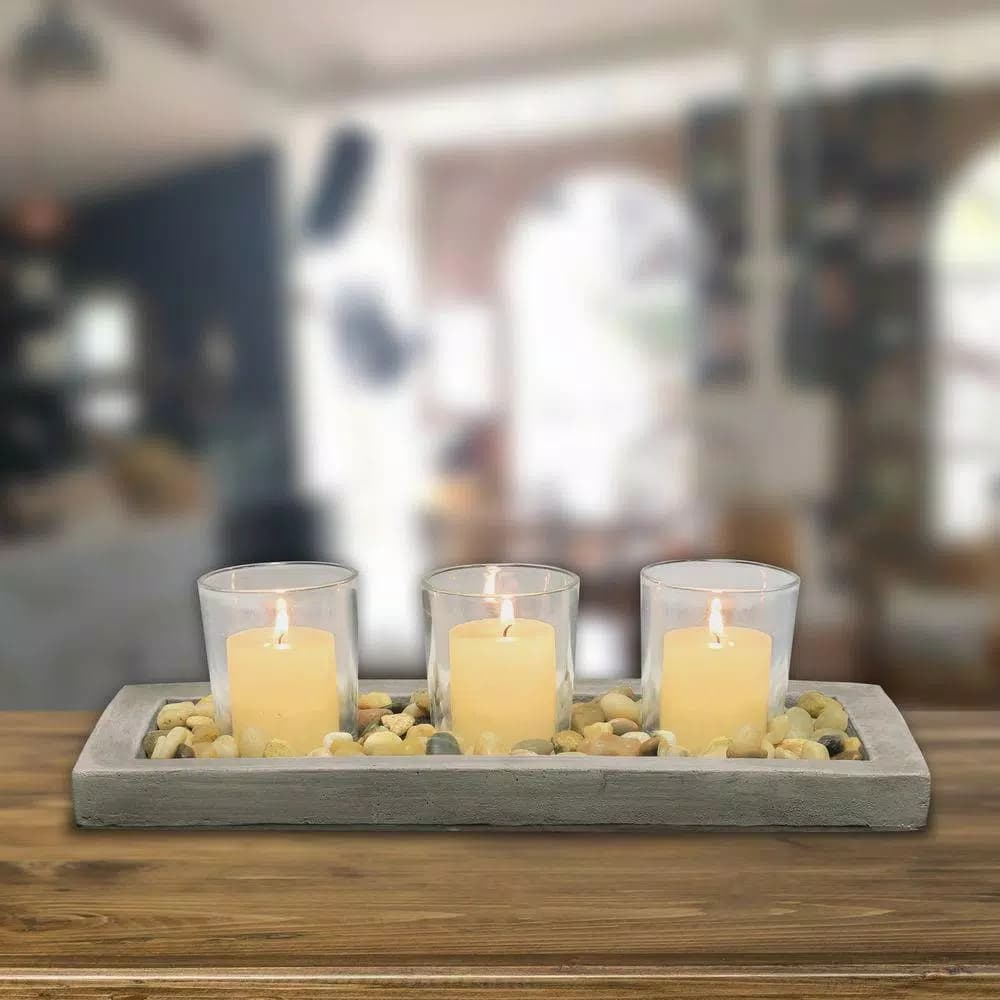 Stonebriar Collection 5 in. Cement Votive Candle Holder Set with Tray and Pebbles
