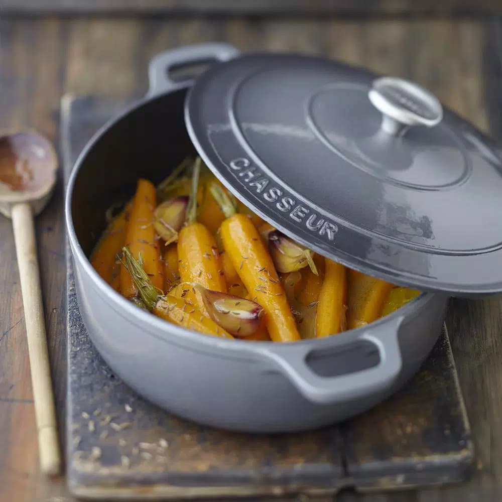 Chasseur 5.5 qt. Round Enameled Cast Iron Dutch Oven with Lid, Caviar Grey