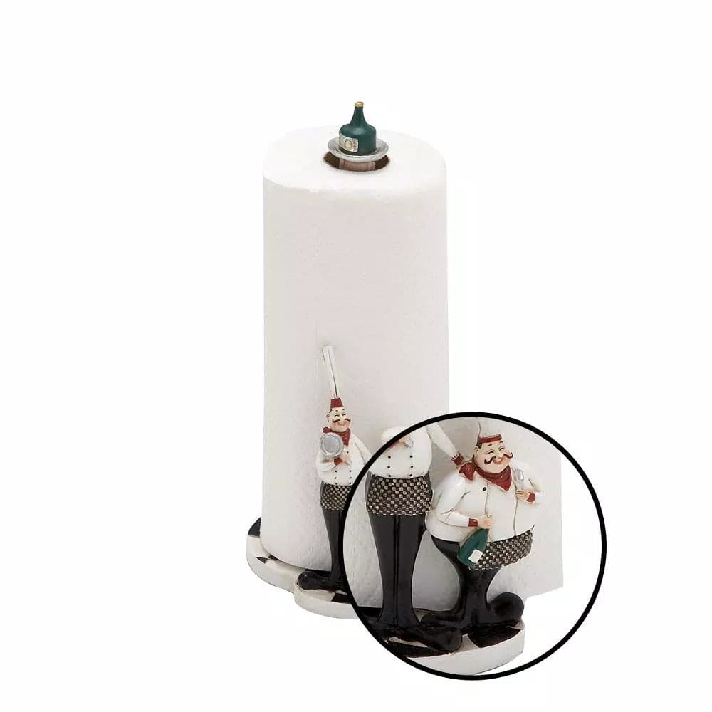 LITTON LANE Polystone Chef Figurines Paper Towel Holder with Wine Bottle Finial & Checkerboard Base